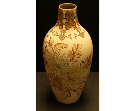 A Lovetts Langley Ware slender ovoid vase, incised with stylised chrysanthemum blossom in pastel shades, 25cm high, impressed