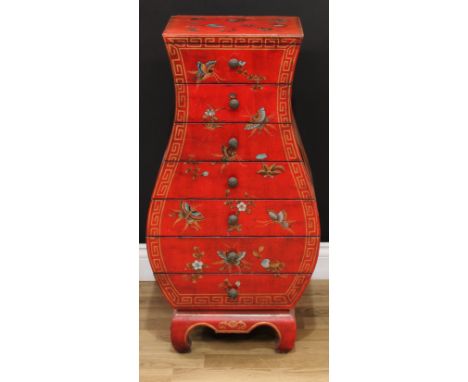 A contemporary Chinese inspired red lacquer and Chinoiserie style vase shaped chest, of seven drawers, bracket feet, 87.5cm h