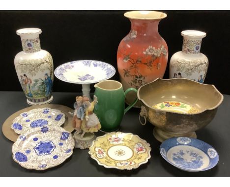 A pair of Chinese decorative vases;  a large Japanese satsuma vase;  a Victorian comport;  an EPNS punch bowl;  a Denby jug; 