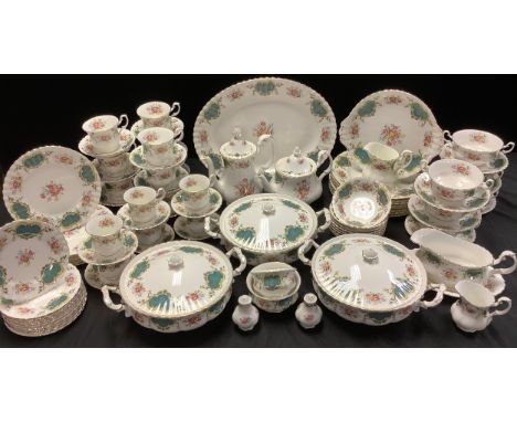 A Royal Albert Beverley pattern dinner, coffee and tea service comprising vegetable dishes, dinner plates, salad plates, side