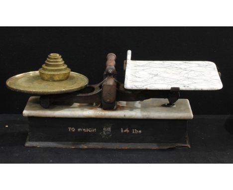 A set of country house weighing scales, weights en suite, 24cm high, 59cm wide, 27.5cm deep 