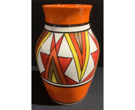 A Wedgwood Clarice Cliff reproduction Bizarre Art Deco style baluster vase, painted with geometric shapes in shades of orange