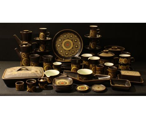 A Denby Arabesque part dinner and tea service comprising dinner plates, dessert plates, casserole dish, vegetable dish, coffe