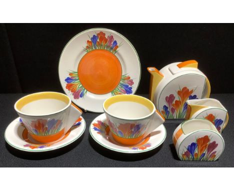 A Bradford Exchange Clarice Cliff reproduction Bizarre Art Deco style Crocus pattern tea for two, comprising tea pot, pair of