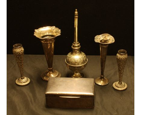 A silver cigarette cases, London 1917;  a pair of Indian silver coloured metal slender specimen vases, embossed and chased wi