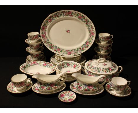 A Crown Staffordshire Thousand Flowers pattern dinner and tea service, including, meat plate, vegetable dish and cover, plate