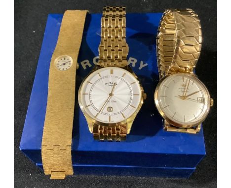 A gentleman's Marvin gold plated wristwatch;  another, Rotary;  a lady's watch, Rotary (3) 
