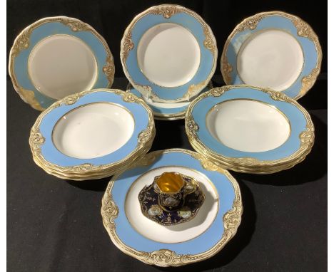 A set of six Royal Worcester bowls, the rims in turquoise with gilt scrolls, 25.5cm diam, c.1885l  five similar dessert plate