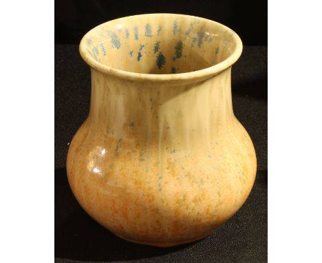 A Ruskin matt crystalline baluster vase, in mottled orange, yellow and tan, 13.5cm high, impressed mark 