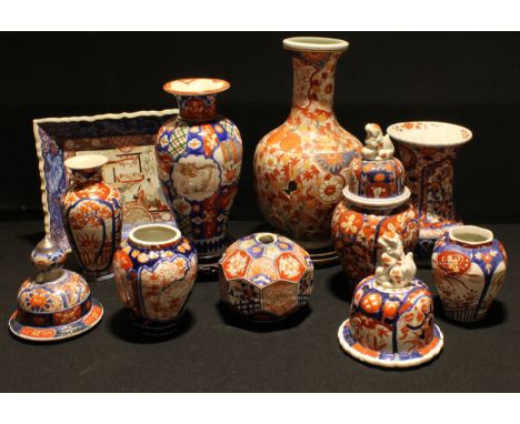 A Japanese Imari baluster vase and cover, Meiji period, 26cm high; other Imari vases, covers, etc, qty 