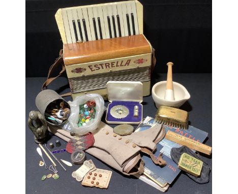 Boxes and Objects - Estrella accordion; felt gaiters; marbles; hall marked silver thimbles; South African hardstone model; bu