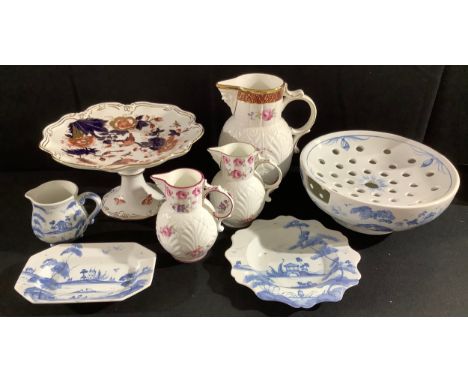 A Coalport Caughley Mask head jug, 20cm high;  others, smaller; a Coalport Hong Kong pattern pedestal cake stand, GTC Oxford 