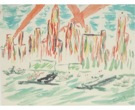 Jimi Hendrix (1942 - 1970), after, Stylised landscape, coloured print, facsimile signature, limited edition 34/125, 56cm x 70