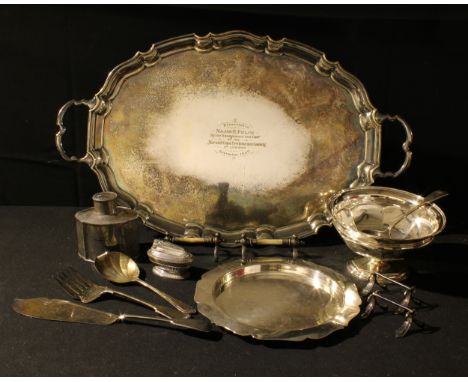 A silver plated oval two handled tray, presented to Major E Felce, September 1927; other EPNS, pedestal bowl, 19th century sh