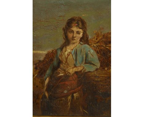 19th century, British school, portrait of a girl wearing a blue jacket, oil on board, gilt framed. H.32 W.30cm. 