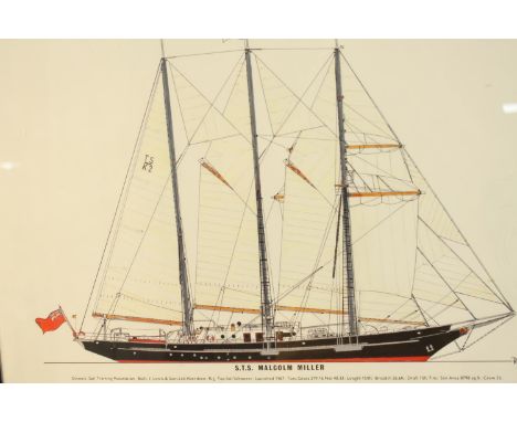 After Rowe, S.T.S. Malcolm Miller, a coloured print of a yacht, frame. H.41 W.51cm. 