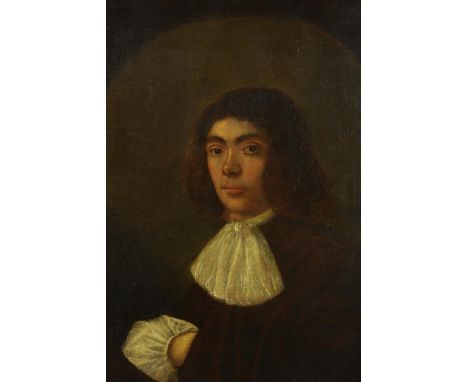 19th century, Dutch school, portrait of a gentleman with a lace collar and cuff, oil on canvas, in a gilt frame. H.100 W.85cm