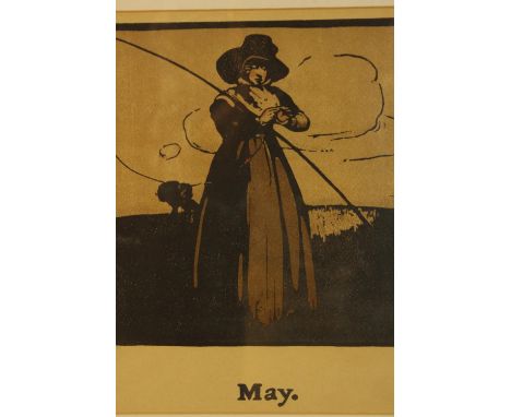 William Nicholson (1872-1949, British), May, a coloured woodblock print of a lady fishing, framed. H.51 W.45cm. 