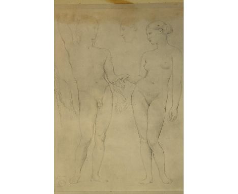 19th century, male and female nude print on paper, signed and stamped, framed. paper, H.38 W.30cm. 
