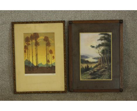E. Lap (20th century), Autumn, pencil signed coloured, framed, together with a coloured print after F. Arnold, Forest, framed