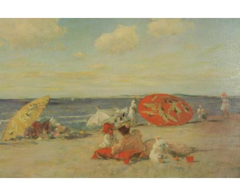 An Impressionist style gilt framed print, figures on a beach, indistinctly signed. H.80 W.100cm. 