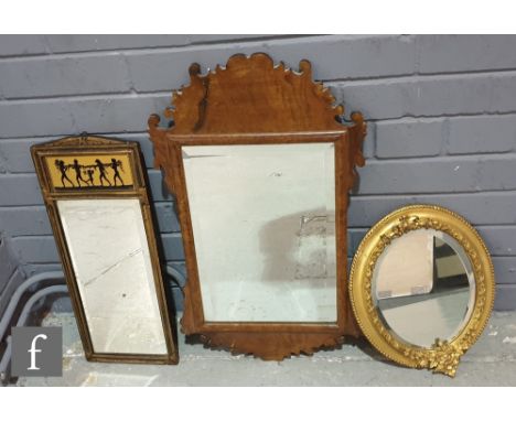A 1920s bevelled glass pier mirror, the plate surmounted with a frieze of revellers in silhouette, 48cm x 19cm, and two other