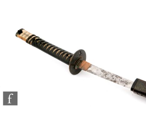 A late 19th to early 20th Century Japanese katana with ray skin handle, pierced tsuba, signed tang and lacquered scabbard, 62