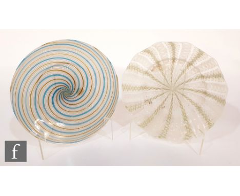 Two Italian Murano glass plates, the first with a lattachino spiral lane in alternating white, blue and gold aventurine, diam