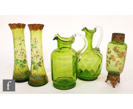 A small collection of late 19th Century glass to comprise a pair of wrythen fluted green glass vases with floral enamel decor