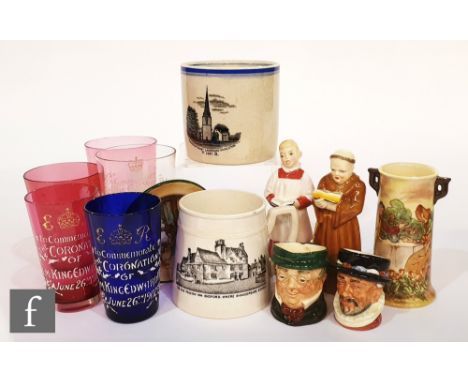 A boxed of assorted ornaments to include small Royal Doulton character jugs, Royal Worcester candle snuffers, Beswick birds a