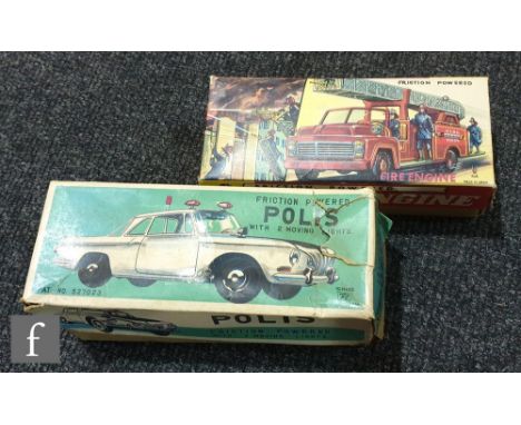 Two Japanese tinplate friction drive models, an Usagiya Toys Co Fire Engine and an Ichiko Polis police car, both in picture b