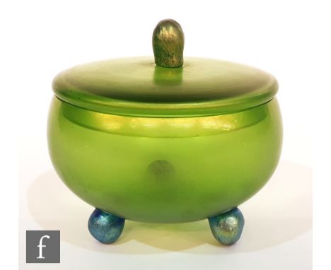 An early 20th Century Loetz glass powder bowl and cover in the Olympia decor with applied ball feet and finial with a petrol 