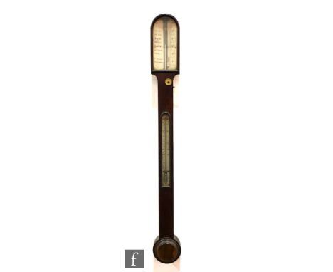 A George III rosewood stick barometer, the arched top incorporating a silver scale signed F Gargory Birmingham over a thermom