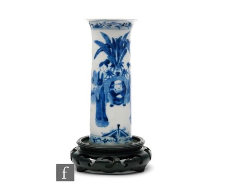 A Chinese 19th Century blue and white sleeve vase, of small proportions, the white ground detailed in rich cobalt depicting c