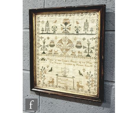 An early 19th century sampler depicting stylized flowers, birds and animals within a wavy border, signed Mary Harar, 1802, fr