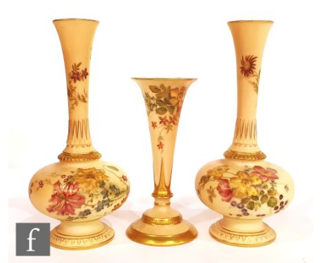 Three late 19th Century Royal Worcester blush ivory vases comprising a pair of shape 1733 bud vases and a shape 1790 trumpet 