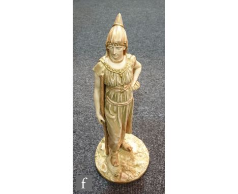 A large late 19th Century Royal Worcester Hadley figure of a Bringaree Indian lady in traditional dress with a staff by her s