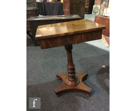 A 19th Century mahogany rectangular work table with lifting lid on turned pedestal and shaped platform base, height 74cm x de