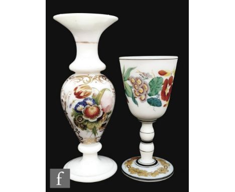 A 19th Century Richardsons opaline frosted glass goblet, the round funnel bowl with floral vitrified enamel decoration above 