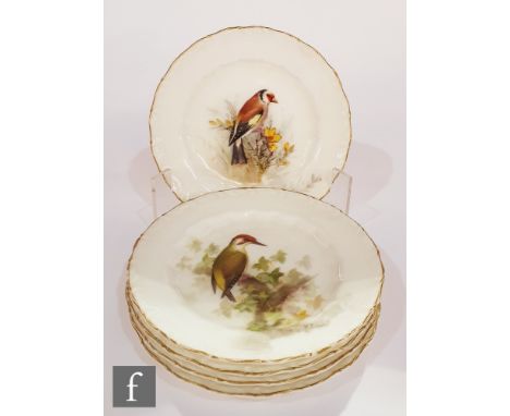 A set of five Royal Worcester small cabinet pates each decorated with a hand painted bird by William Powell, comprising Green