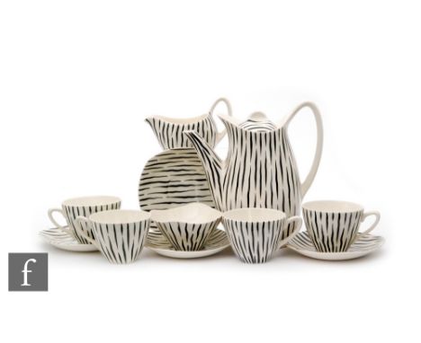 A Midwinter Stylecraft 'Fashion Shape' coffee set decorated in the Zambesi pattern designed by Jessie Tait, comprising coffee