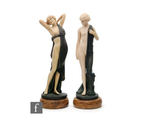 After Ferdinand Preiss - A pair of simulated Juratone ivory and part green metal mounted semi nude classical female figures r