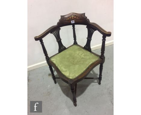 A Victorian inlaid mahogany corner chair and a similar chair with heart shaped back and red velvet seat. (2) 