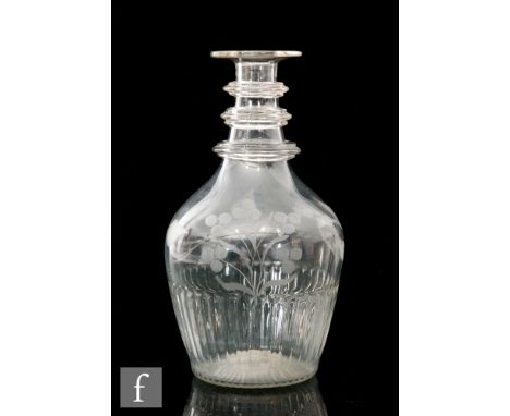 An Act of Union glass decanter circa 1801, of Prussian form, with three applied annulated rings to the neck with basal column