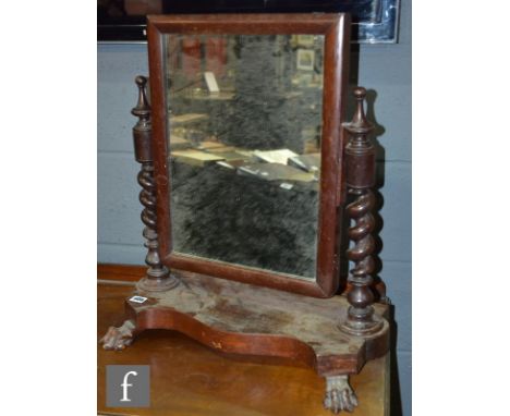 A Victorian mahogany swing toilet mirror on claw feet and a similar toilet mirror on spiral supports. (2) 