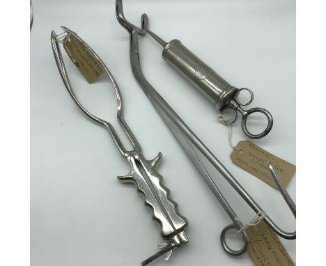 A Lot of 3 20th century Midwifery medical tools which includes Forceps, Large Tongs &amp; Syringe by Down Bros London 
