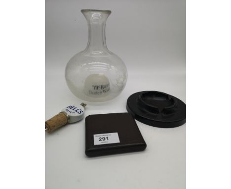 A mixed lot to include a McEwans Scotch Whisky glass decanter, a Bell's scotch whisky pourer, a "Belco" "Necol" "Dulux" cigar