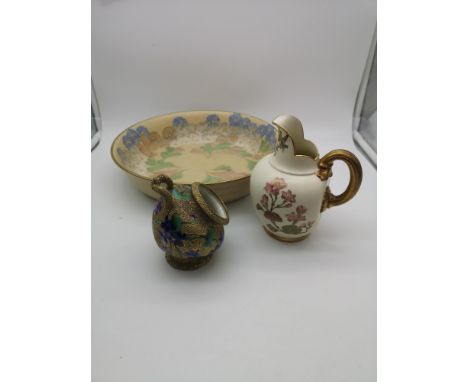 A Royal Worcester blush ivory floral flatback jug c1850, together with a Grays pottery hand painted bowl &amp; a turn Vienna 