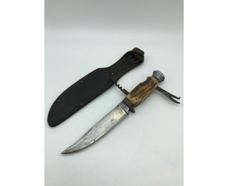 Fagan hunting knife with two pull out tools, Antler handle, Leather sheath. 