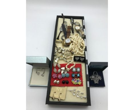 A tray of costume jewellery and vintage watches, together with a set of silver Kit Heath Celtic earrings 